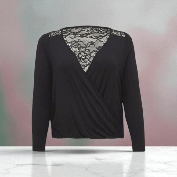 torrid Tops - TORRID Plus Size New Black  Knit Rayon Span Surplice Lace Back Long sleeve Top.